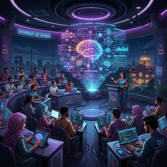 University of Dhaka advanced AI classroom with holographic displays